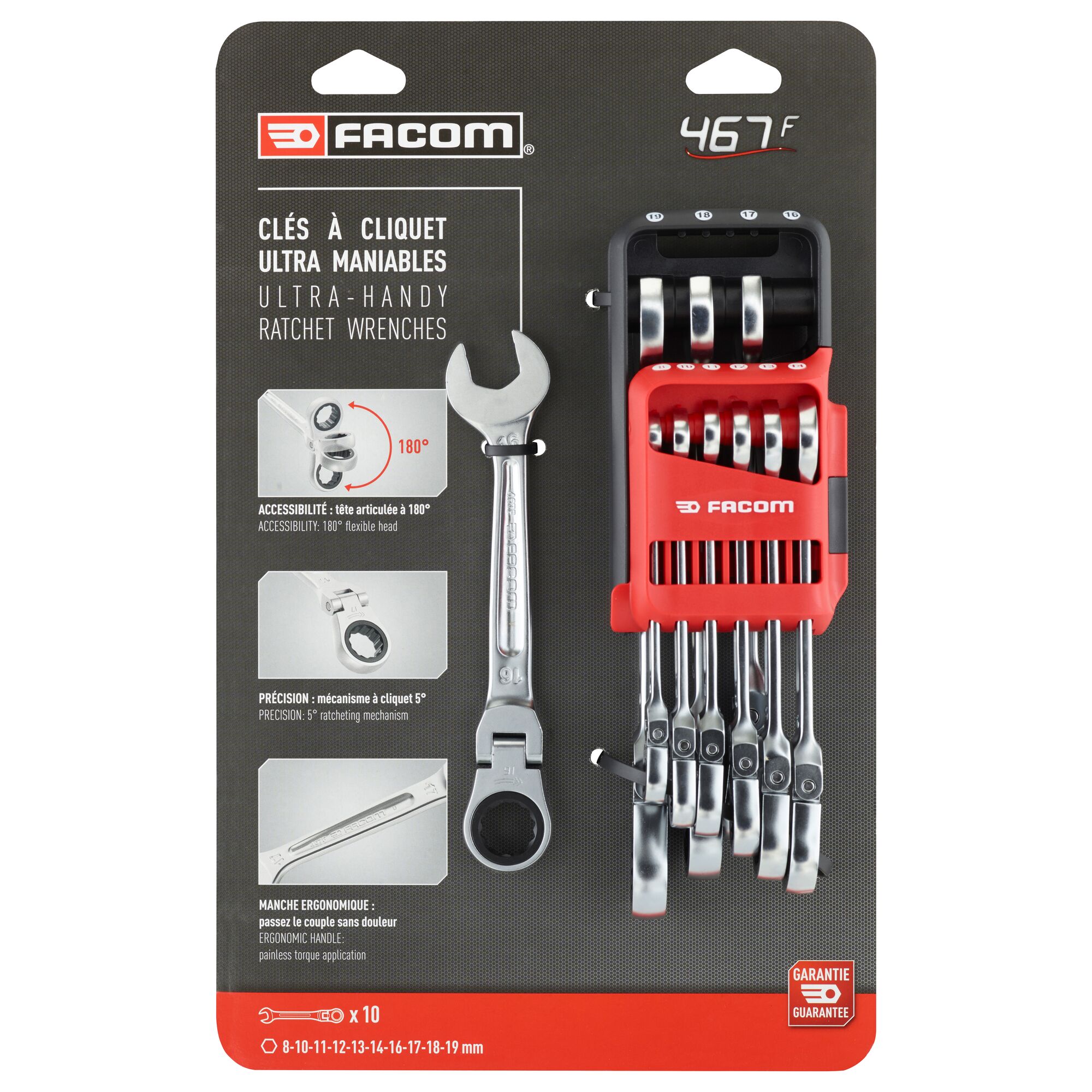 Photo of Facom 467BF.JP10PB ratchet wrenches set, ten pieces in red holder, front packaging view.
